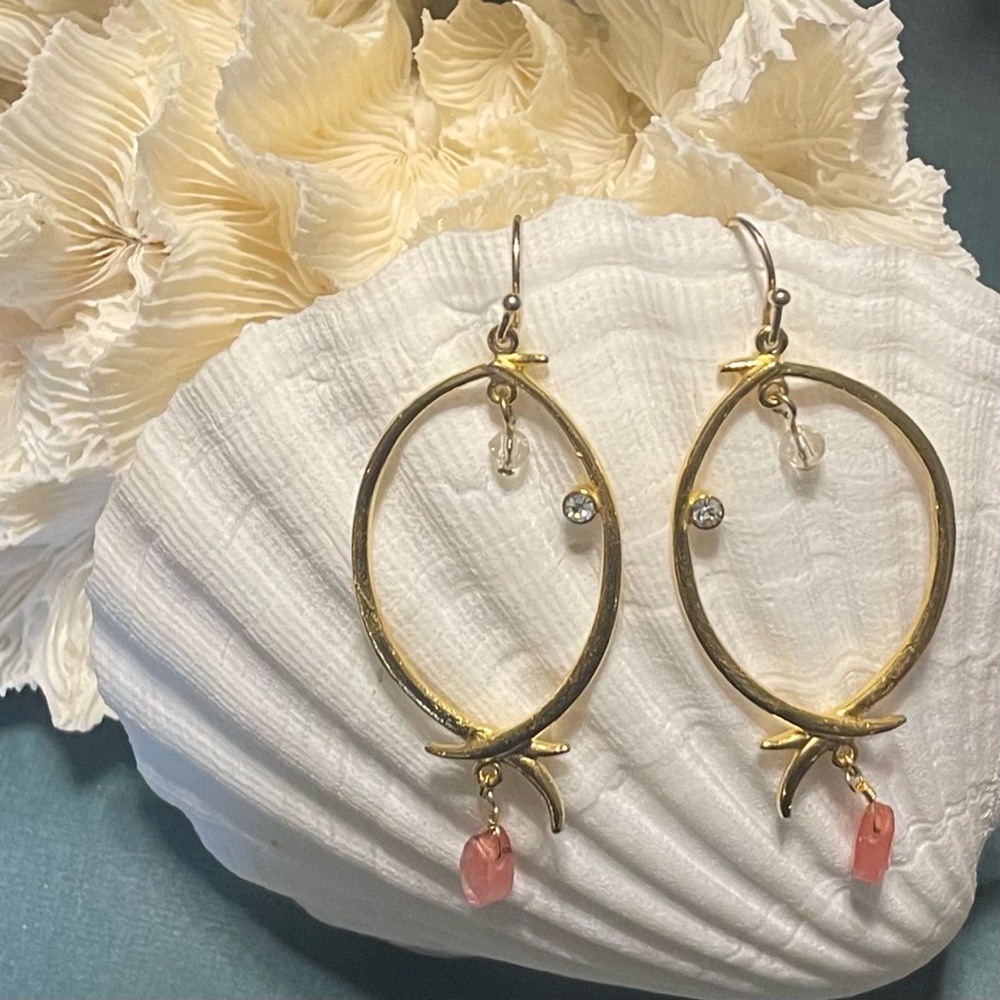 Gold plate crystal and pink quartz earrings. New, never worn. 2.25”